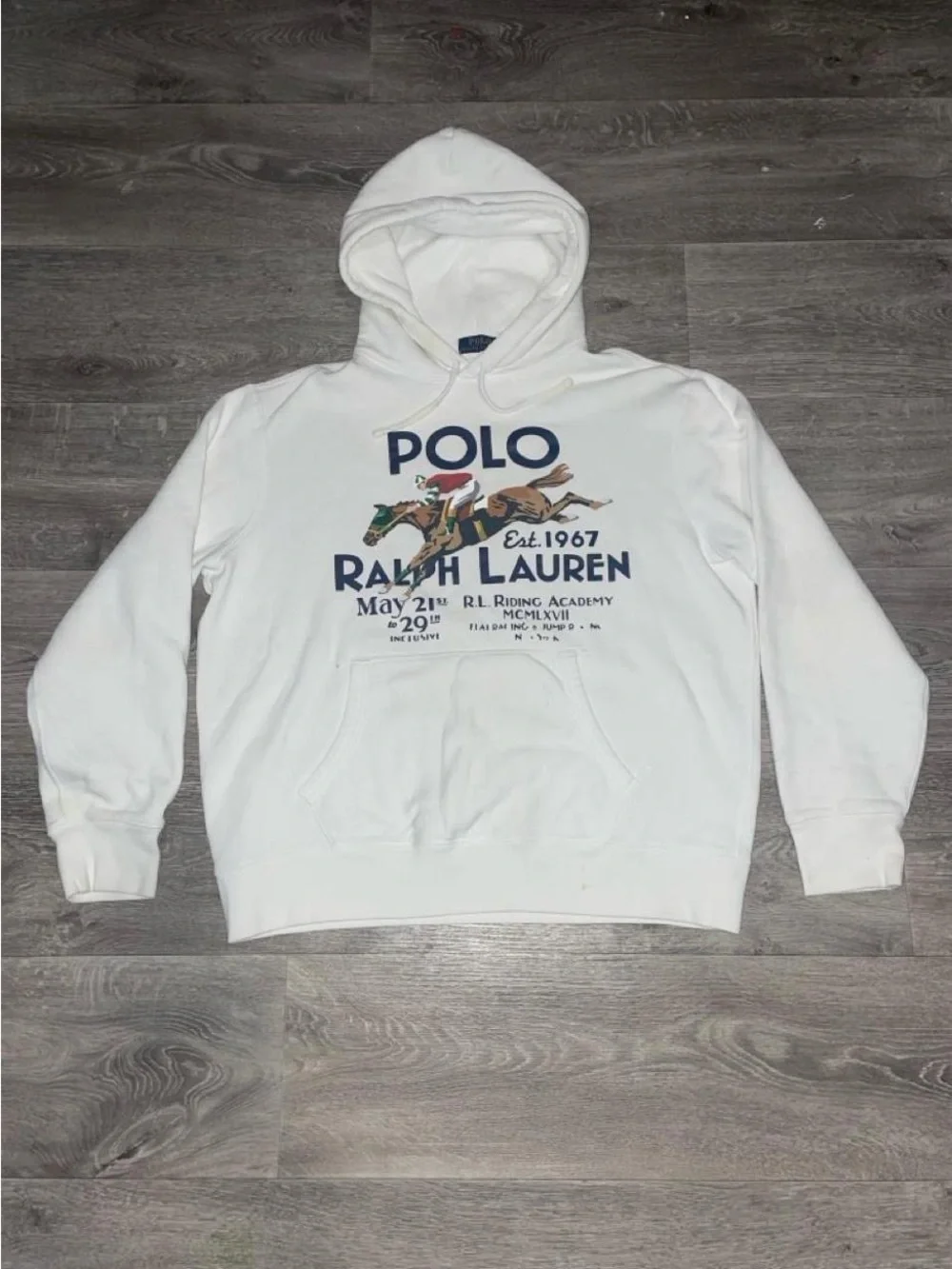 Polo Ralph Lauren White Equestrian Riding Academy Print Fleece Pullover Hoodie L